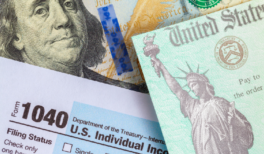 A collage of a $100 bill, 1040 tax form, and an IRS tax-refund check
