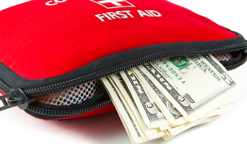 first aid kit zipper bag with money coming out of it