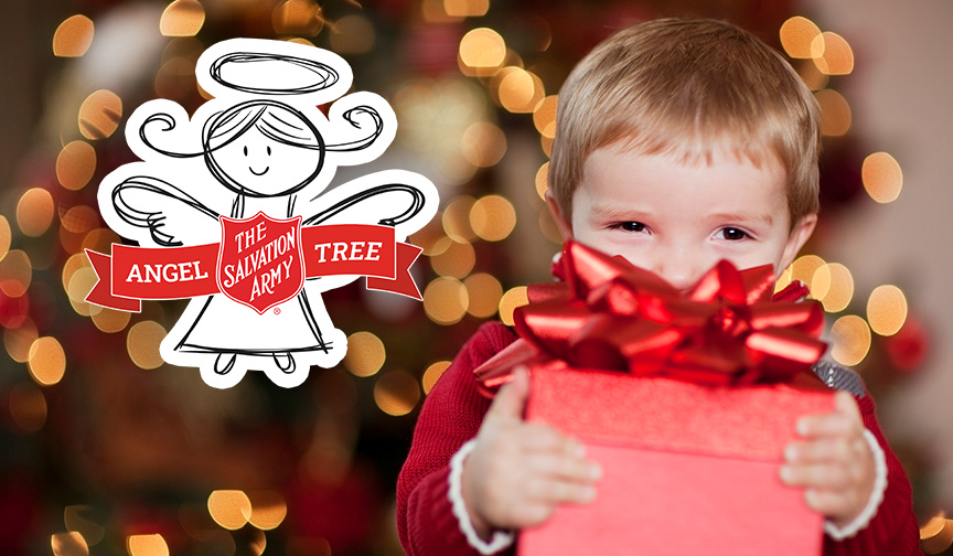 The Angel Tree logo appears next to young boy holding a wrapped gift.