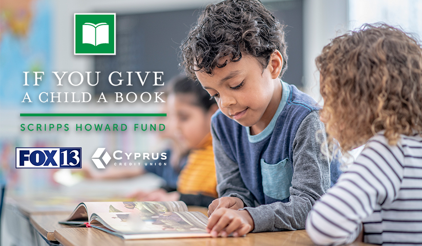 Two children read a book together. The logos of If You Give A Child A Book, FOX 13 News, and Cyprus Credit Union appear.