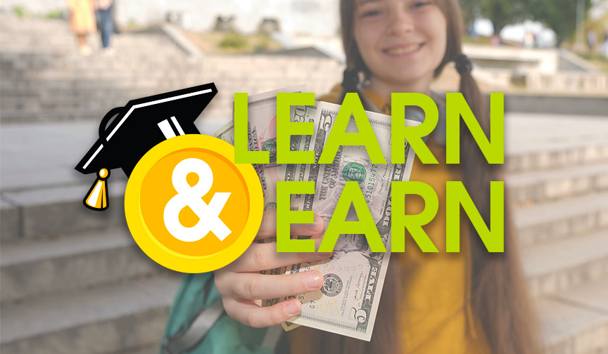 The logo for the Cyprus Credit Union Learn & Earn account for teens appears over the photo of a teenage girl holding cash