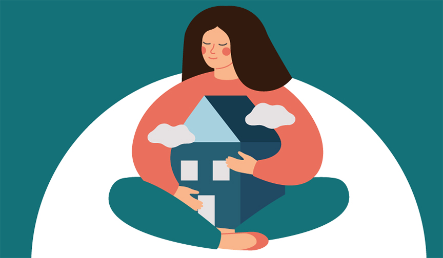 Animation of a woman holding her dream home in her arms