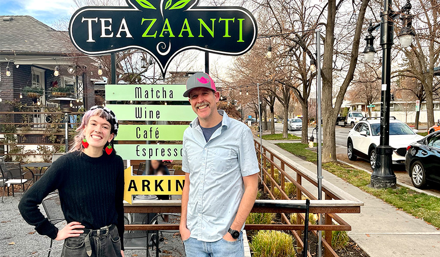 Tea Zaanti owner Scott Lyttle poses with shop manager Zero Romrell outside the Sugar House, Utah business